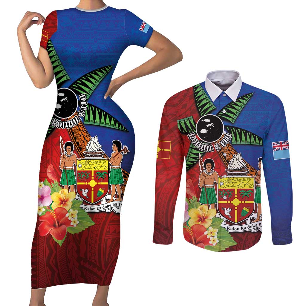 Personalised Fiji and Rotuma Together Couples Matching Short Sleeve Bodycon Dress and Long Sleeve Button Shirt Fjian Masi and Pacific Pattern Mix Culture LT03 Red - Polynesian Pride