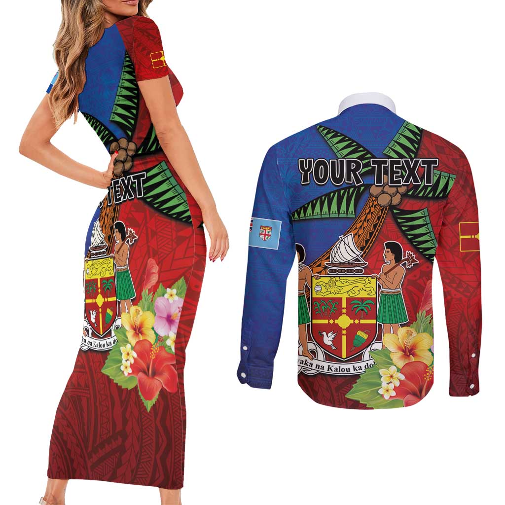 Personalised Fiji and Rotuma Together Couples Matching Short Sleeve Bodycon Dress and Long Sleeve Button Shirt Fjian Masi and Pacific Pattern Mix Culture LT03 - Polynesian Pride