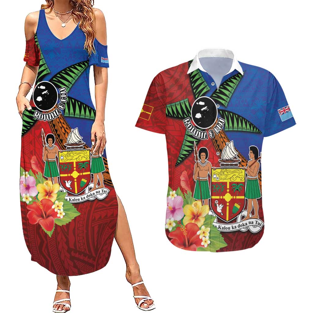 Personalised Fiji and Rotuma Together Couples Matching Summer Maxi Dress and Hawaiian Shirt Fjian Masi and Pacific Pattern Mix Culture