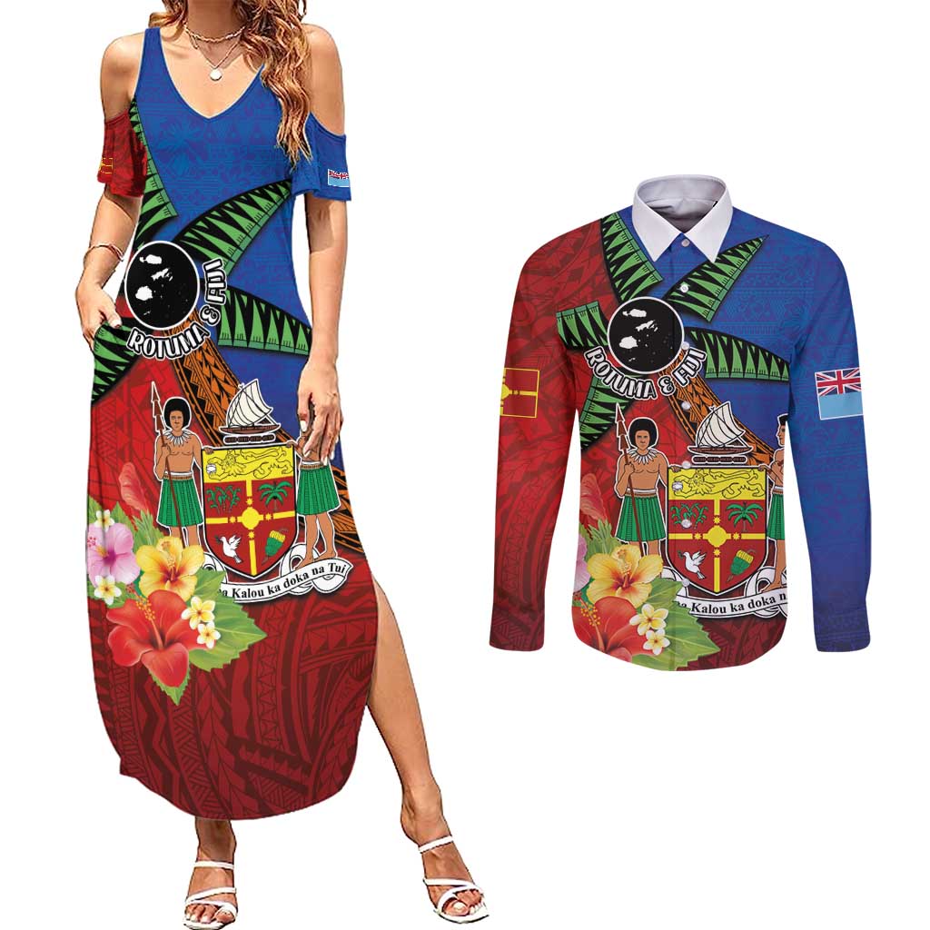 Personalised Fiji and Rotuma Together Couples Matching Summer Maxi Dress and Long Sleeve Button Shirt Fjian Masi and Pacific Pattern Mix Culture LT03 Red - Polynesian Pride