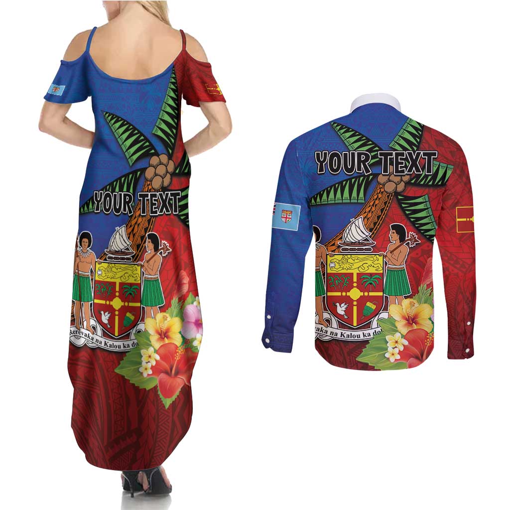 Personalised Fiji and Rotuma Together Couples Matching Summer Maxi Dress and Long Sleeve Button Shirt Fjian Masi and Pacific Pattern Mix Culture LT03 - Polynesian Pride