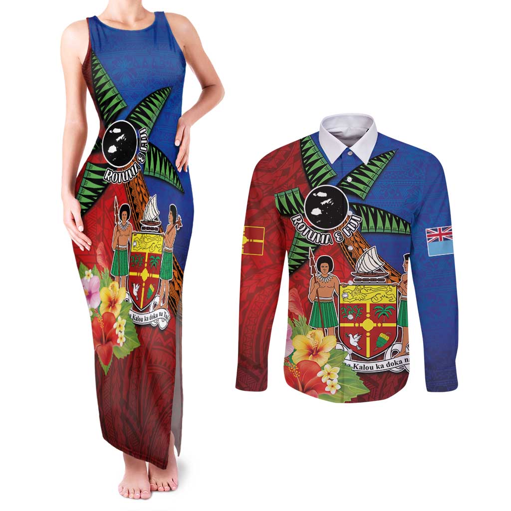 Personalised Fiji and Rotuma Together Couples Matching Tank Maxi Dress and Long Sleeve Button Shirt Fjian Masi and Pacific Pattern Mix Culture LT03 Red - Polynesian Pride