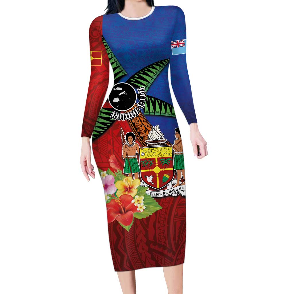 Personalised Fiji and Rotuma Together Family Matching Long Sleeve Bodycon Dress and Hawaiian Shirt Fjian Masi and Pacific Pattern Mix Culture LT03 Mom's Dress Red - Polynesian Pride