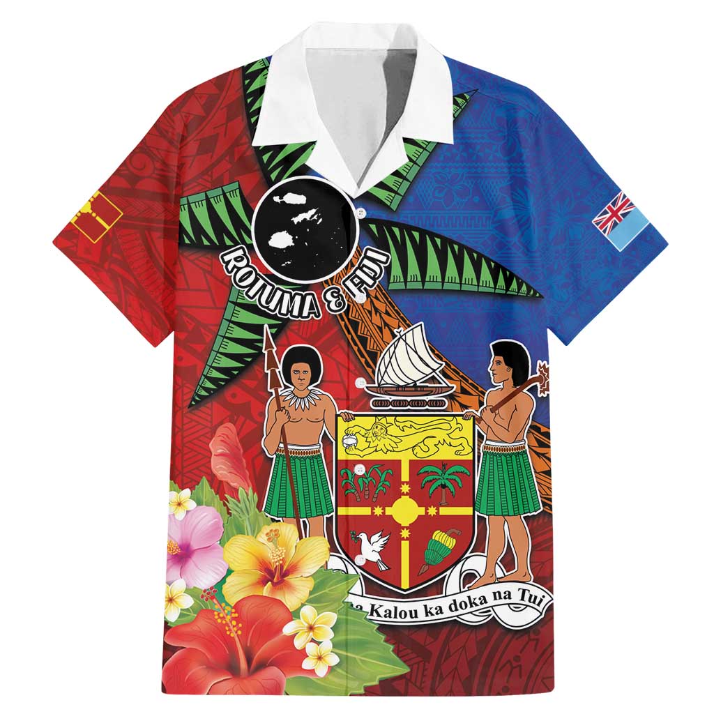 Personalised Fiji and Rotuma Together Family Matching Mermaid Dress and Hawaiian Shirt Fjian Masi and Pacific Pattern Mix Culture LT03 Dad's Shirt - Short Sleeve Red - Polynesian Pride