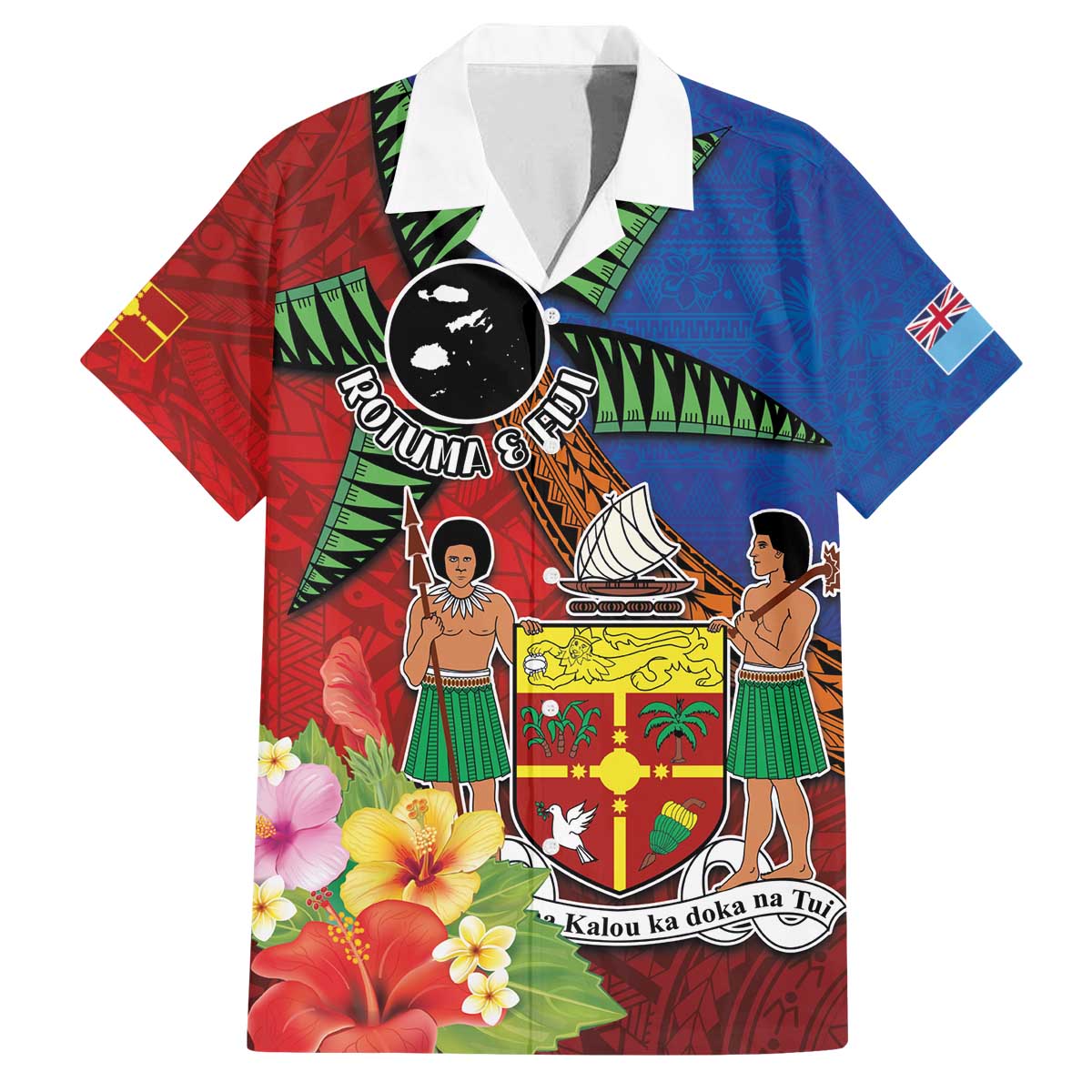 Personalised Fiji and Rotuma Together Family Matching Off The Shoulder Long Sleeve Dress and Hawaiian Shirt Fjian Masi and Pacific Pattern Mix Culture LT03 Dad's Shirt - Short Sleeve Red - Polynesian Pride