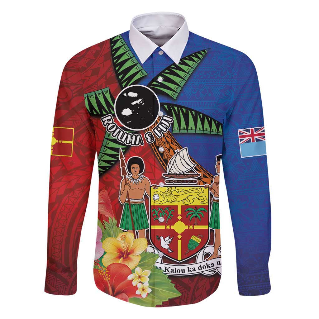 Personalised Fiji and Rotuma Together Family Matching Off Shoulder Maxi Dress and Hawaiian Shirt Fjian Masi and Pacific Pattern Mix Culture LT03 Dad's Shirt - Long Sleeve Red - Polynesian Pride