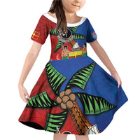 Personalised Fiji and Rotuma Together Family Matching Off Shoulder Short Dress and Hawaiian Shirt Fjian Masi and Pacific Pattern Mix Culture LT03 Daughter's Dress Red - Polynesian Pride