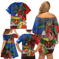 Personalised Fiji and Rotuma Together Family Matching Off Shoulder Short Dress and Hawaiian Shirt Fjian Masi and Pacific Pattern Mix Culture LT03 - Polynesian Pride