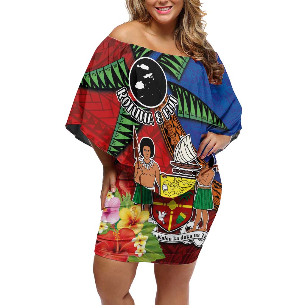 Personalised Fiji and Rotuma Together Family Matching Off Shoulder Short Dress and Hawaiian Shirt Fjian Masi and Pacific Pattern Mix Culture LT03 Mom's Dress Red - Polynesian Pride