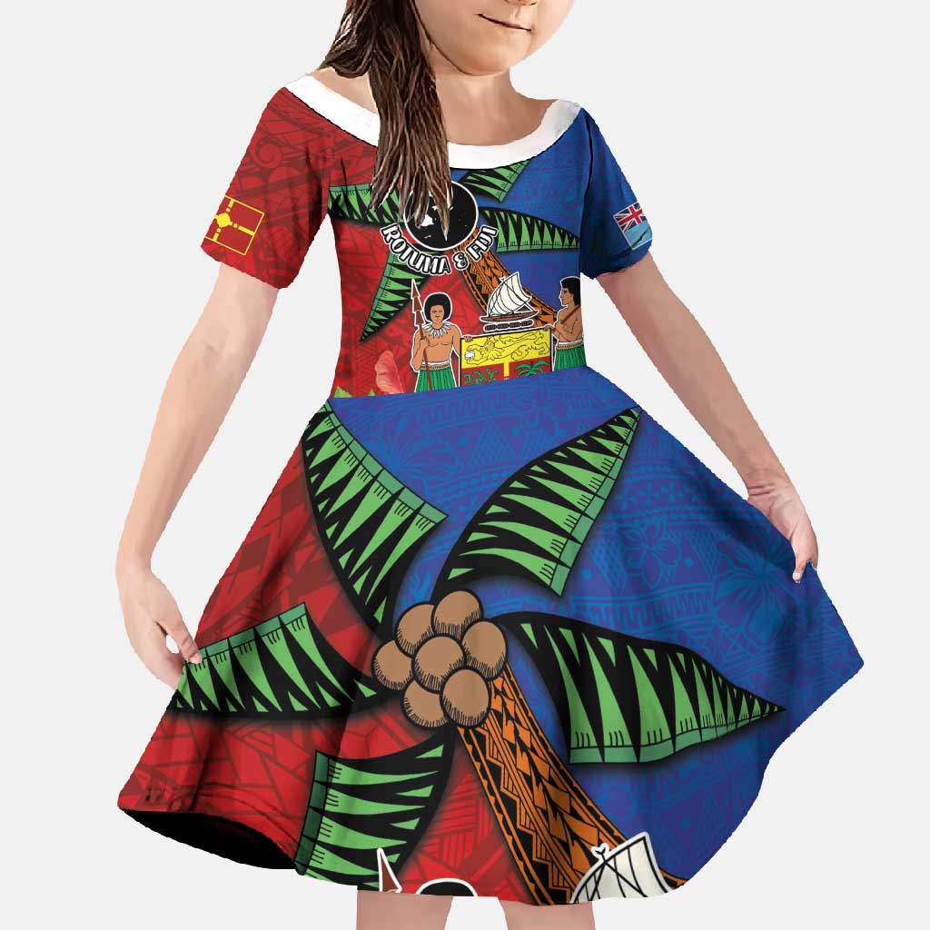 Personalised Fiji and Rotuma Together Family Matching Summer Maxi Dress and Hawaiian Shirt Fjian Masi and Pacific Pattern Mix Culture LT03 Daughter's Dress Red - Polynesian Pride