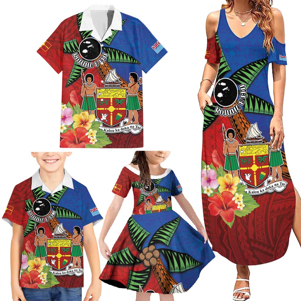 Personalised Fiji and Rotuma Together Family Matching Summer Maxi Dress and Hawaiian Shirt Fjian Masi and Pacific Pattern Mix Culture LT03 - Polynesian Pride