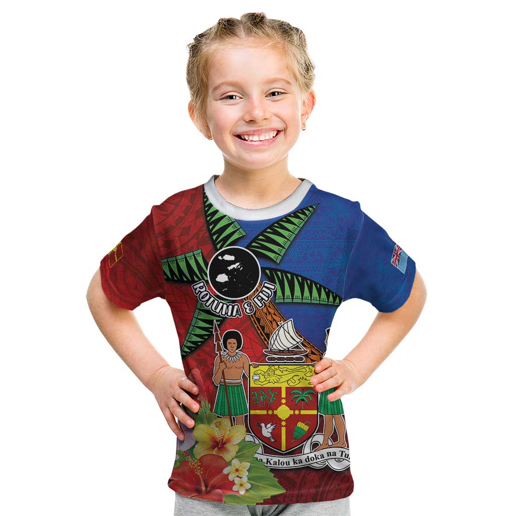 Personalised Fiji and Rotuma Together Kid T Shirt Fjian Masi and Pacific Pattern Mix Culture