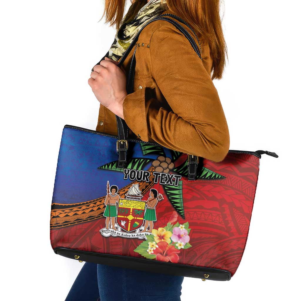 Personalised Fiji and Rotuma Together Leather Tote Bag Fjian Masi and Pacific Pattern Mix Culture