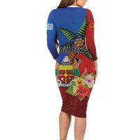 Personalised Fiji and Rotuma Together Long Sleeve Bodycon Dress Fjian Masi and Pacific Pattern Mix Culture LT03 - Polynesian Pride