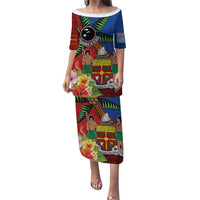 Personalised Fiji and Rotuma Together Puletasi Fjian Masi and Pacific Pattern Mix Culture LT03 Long Dress Red - Polynesian Pride