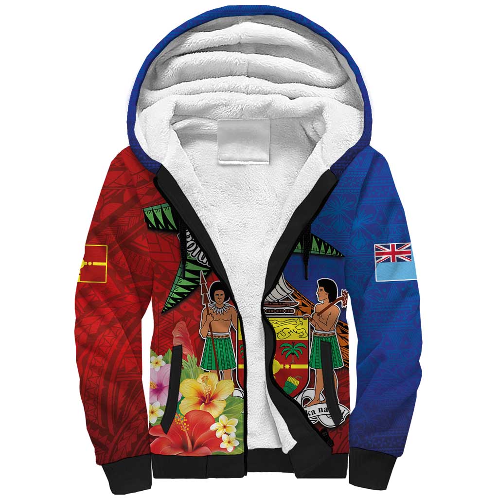 Personalised Fiji and Rotuma Together Sherpa Hoodie Fjian Masi and Pacific Pattern Mix Culture LT03 Unisex Red - Polynesian Pride