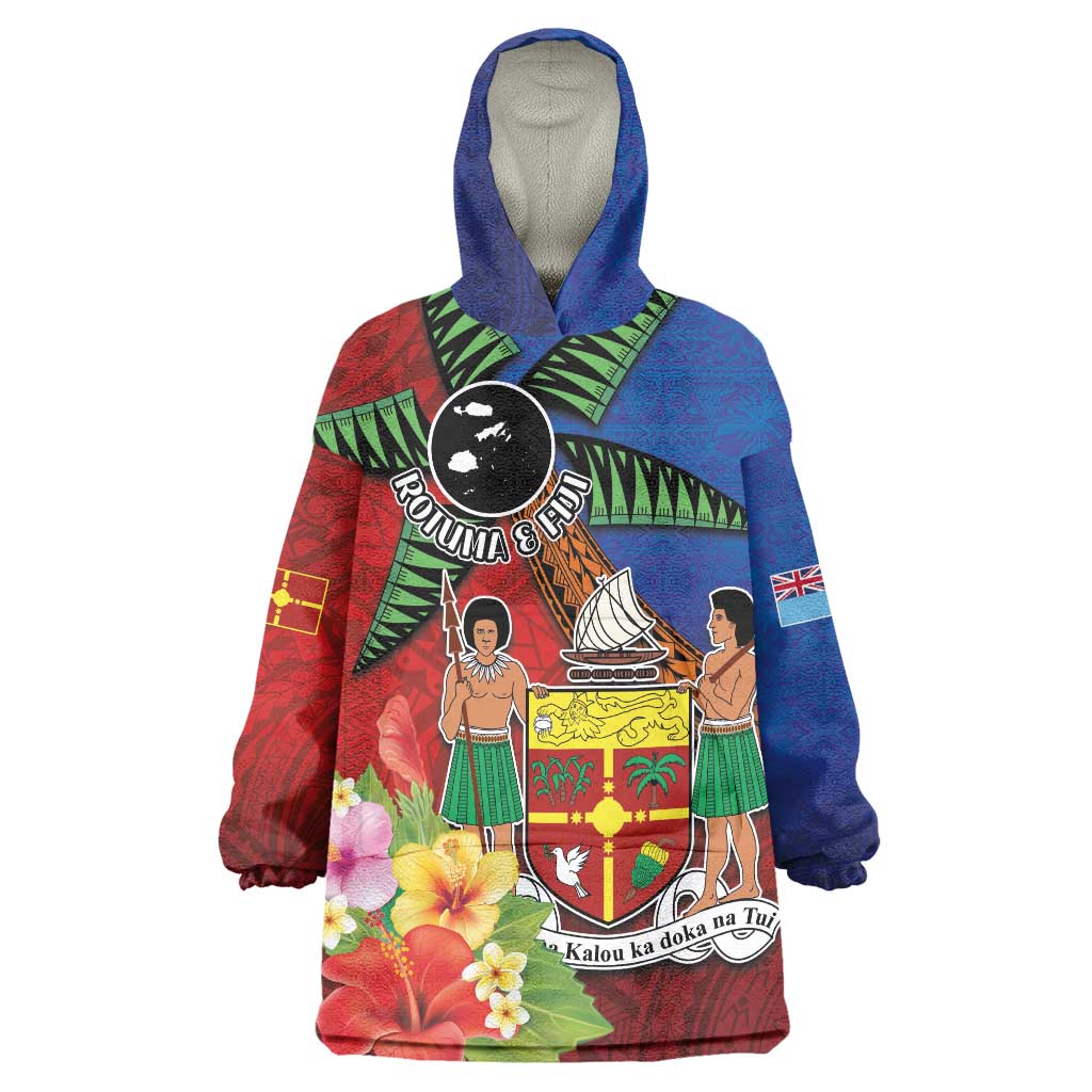 Personalised Fiji and Rotuma Together Wearable Blanket Hoodie Fjian Masi and Pacific Pattern Mix Culture LT03 One Size Red - Polynesian Pride