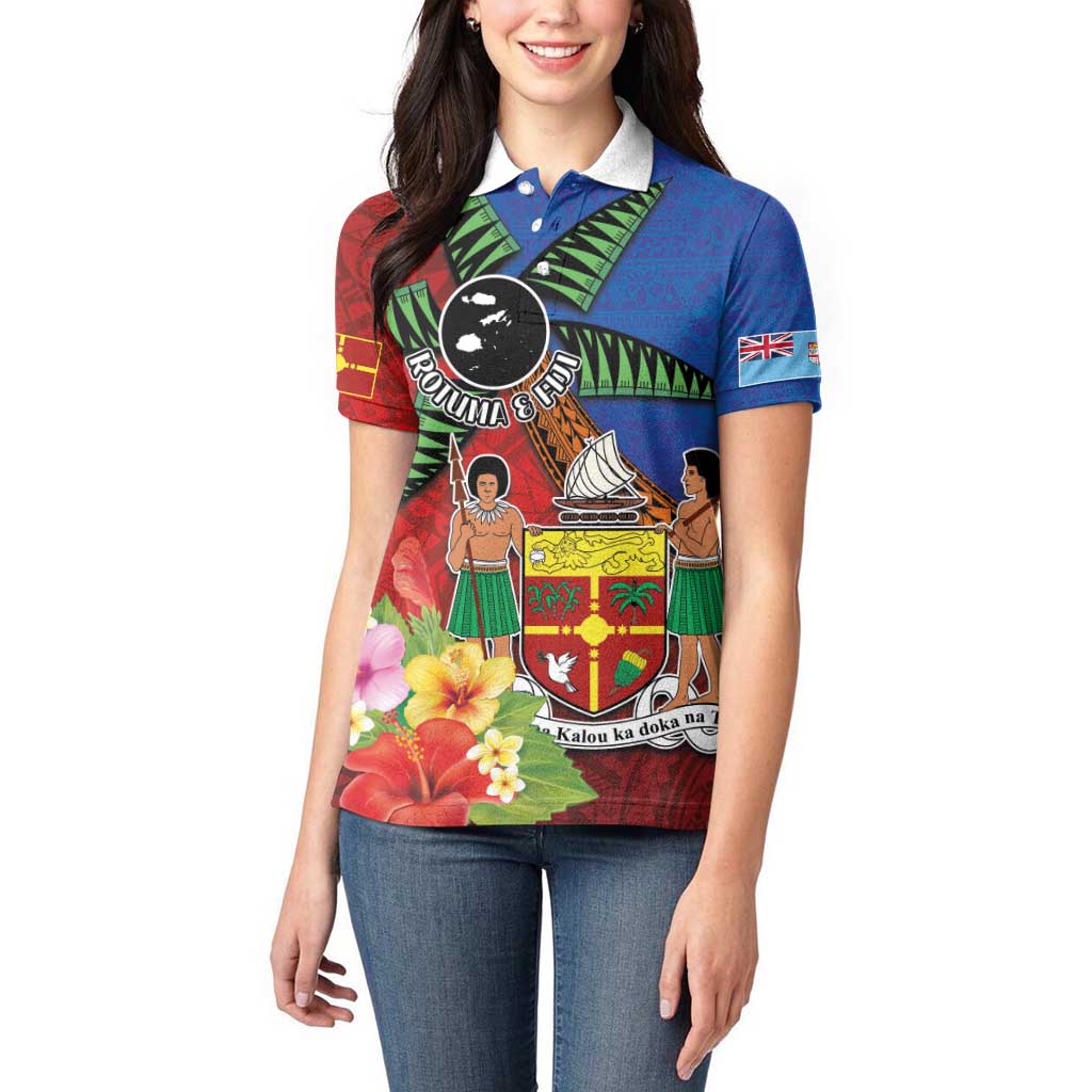 Personalised Fiji and Rotuma Together Women Polo Shirt Fjian Masi and Pacific Pattern Mix Culture LT03 - Polynesian Pride