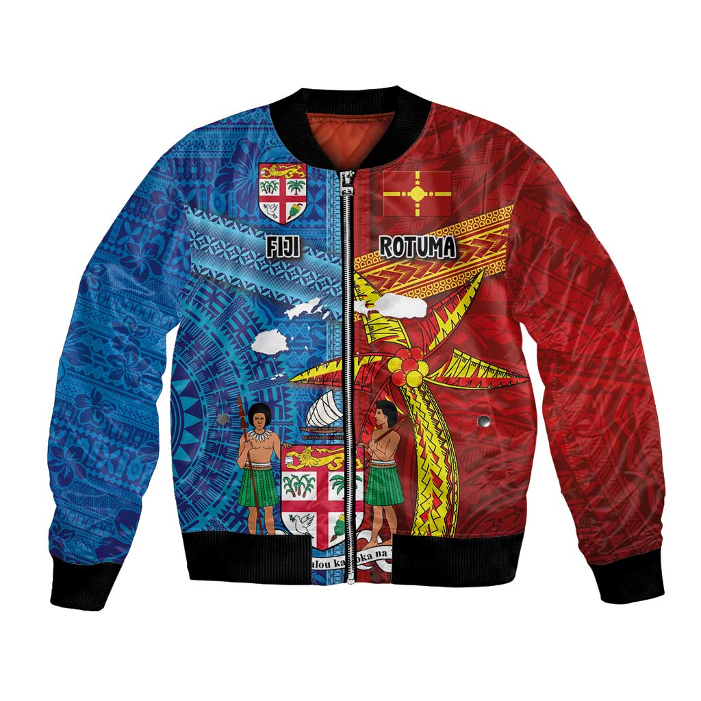 Personalised Fiji and Rotuma Together Bomber Jacket Tapa and Pacific Art Pattern with Cultural Emblems Half Style