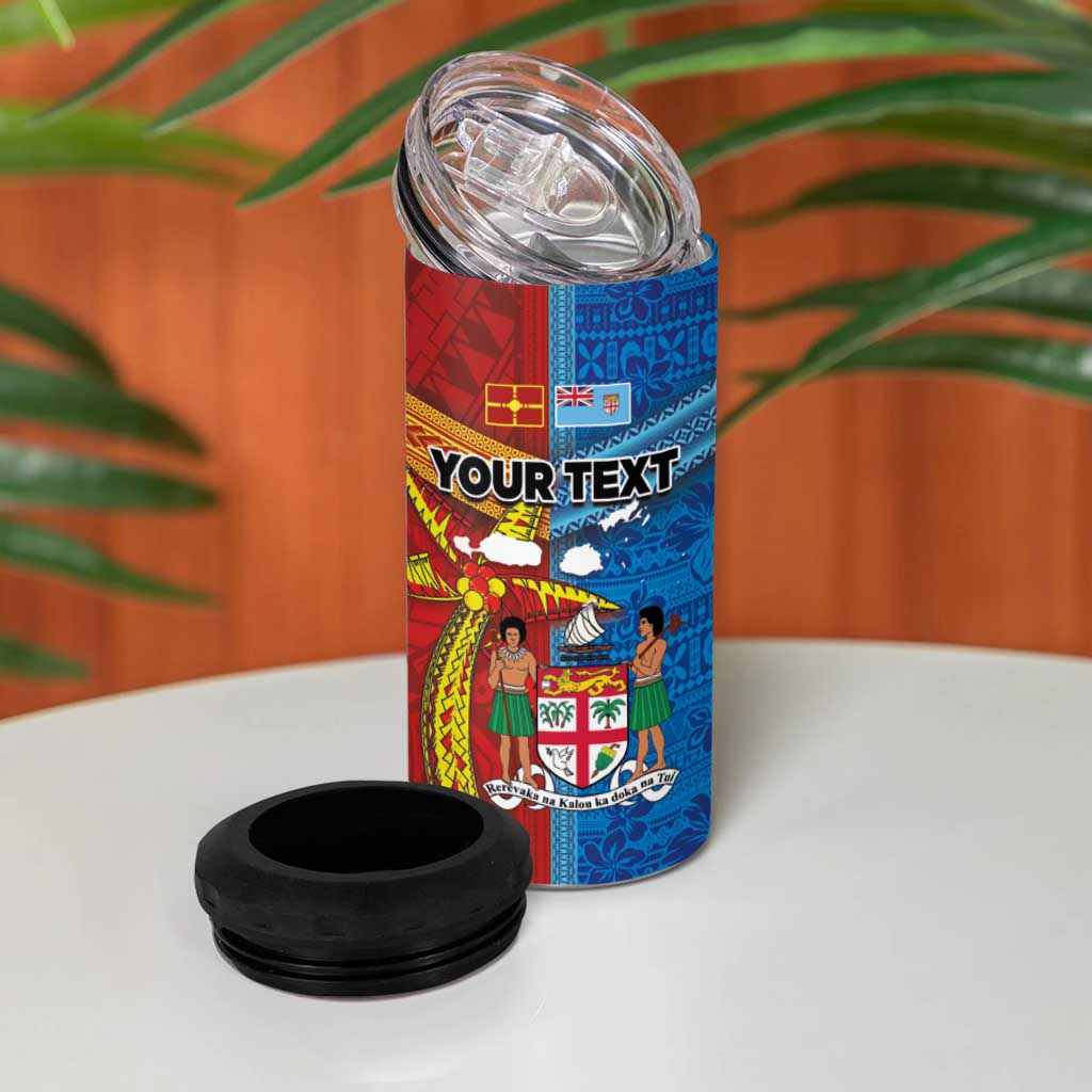 Personalised Fiji and Rotuma Together 4 in 1 Can Cooler Tumbler Tapa and Pacific Art Pattern with Cultural Emblems Half Style