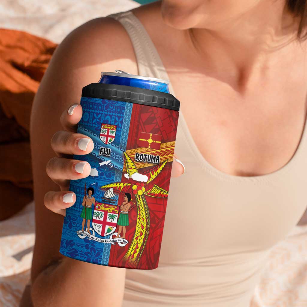 Personalised Fiji and Rotuma Together 4 in 1 Can Cooler Tumbler Tapa and Pacific Art Pattern with Cultural Emblems Half Style