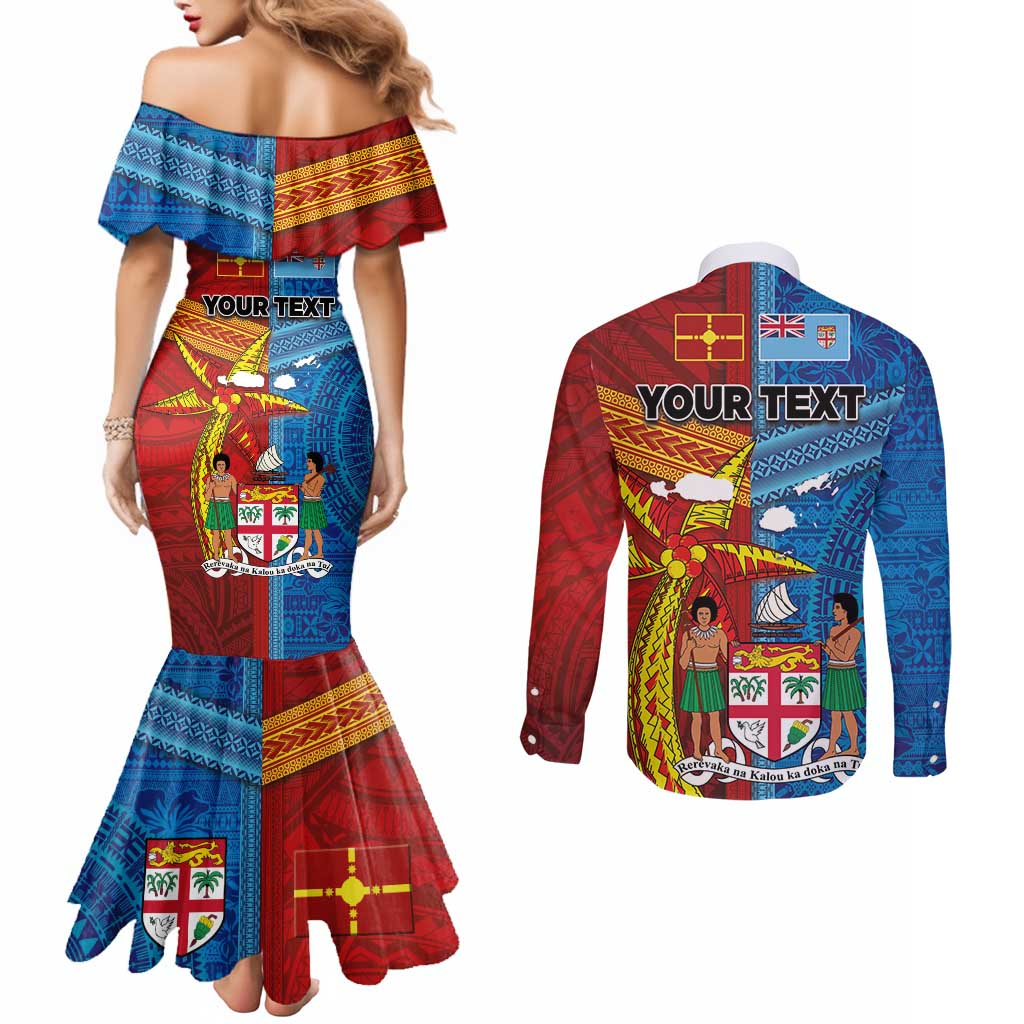 Personalised Fiji and Rotuma Together Couples Matching Mermaid Dress and Long Sleeve Button Shirt Tapa and Pacific Art Pattern with Cultural Emblems Half Style