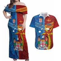 Personalised Fiji and Rotuma Together Couples Matching Off Shoulder Maxi Dress and Hawaiian Shirt Tapa and Pacific Art Pattern with Cultural Emblems Half Style