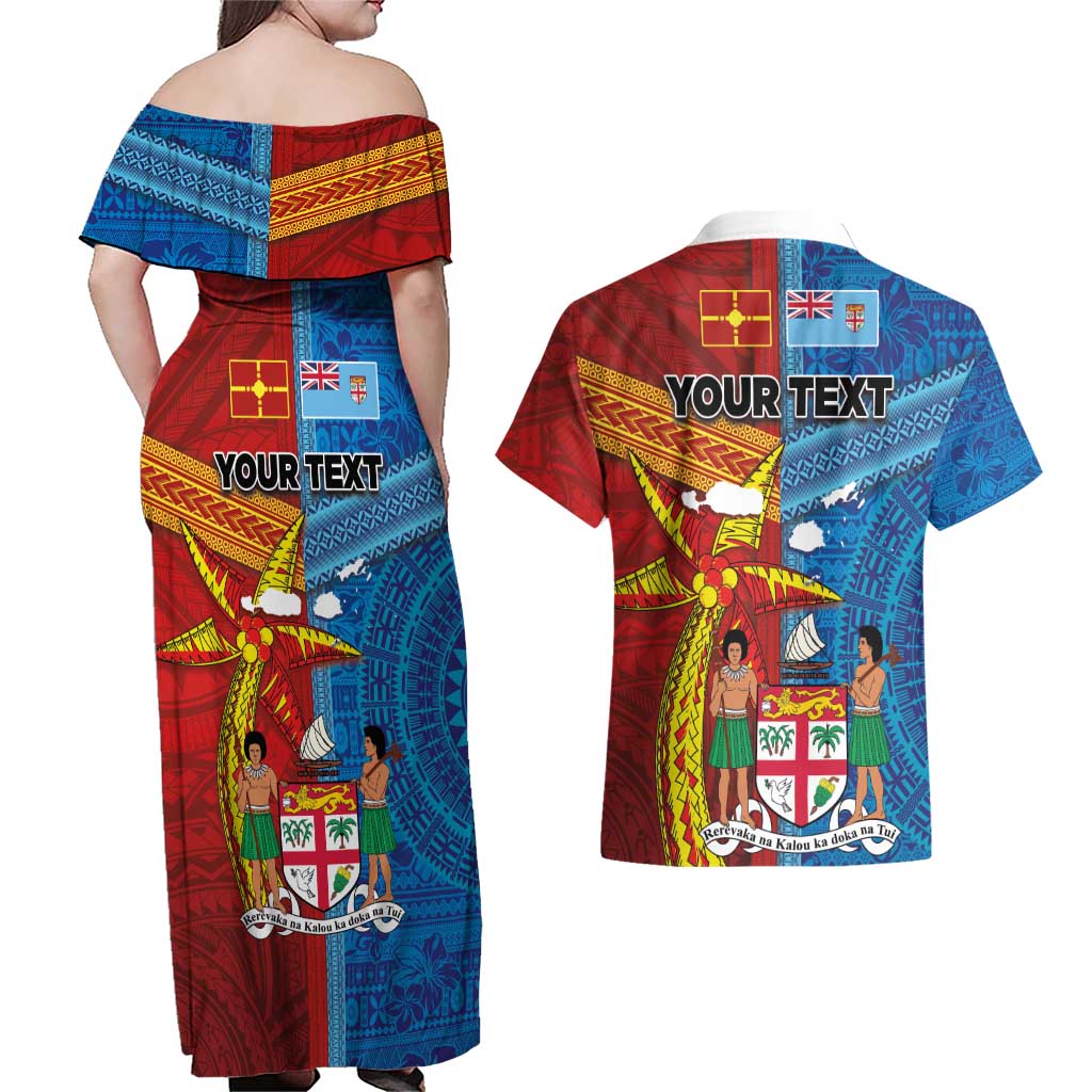 Personalised Fiji and Rotuma Together Couples Matching Off Shoulder Maxi Dress and Hawaiian Shirt Tapa and Pacific Art Pattern with Cultural Emblems Half Style