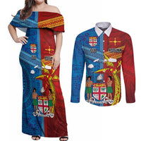 Personalised Fiji and Rotuma Together Couples Matching Off Shoulder Maxi Dress and Long Sleeve Button Shirt Tapa and Pacific Art Pattern with Cultural Emblems Half Style