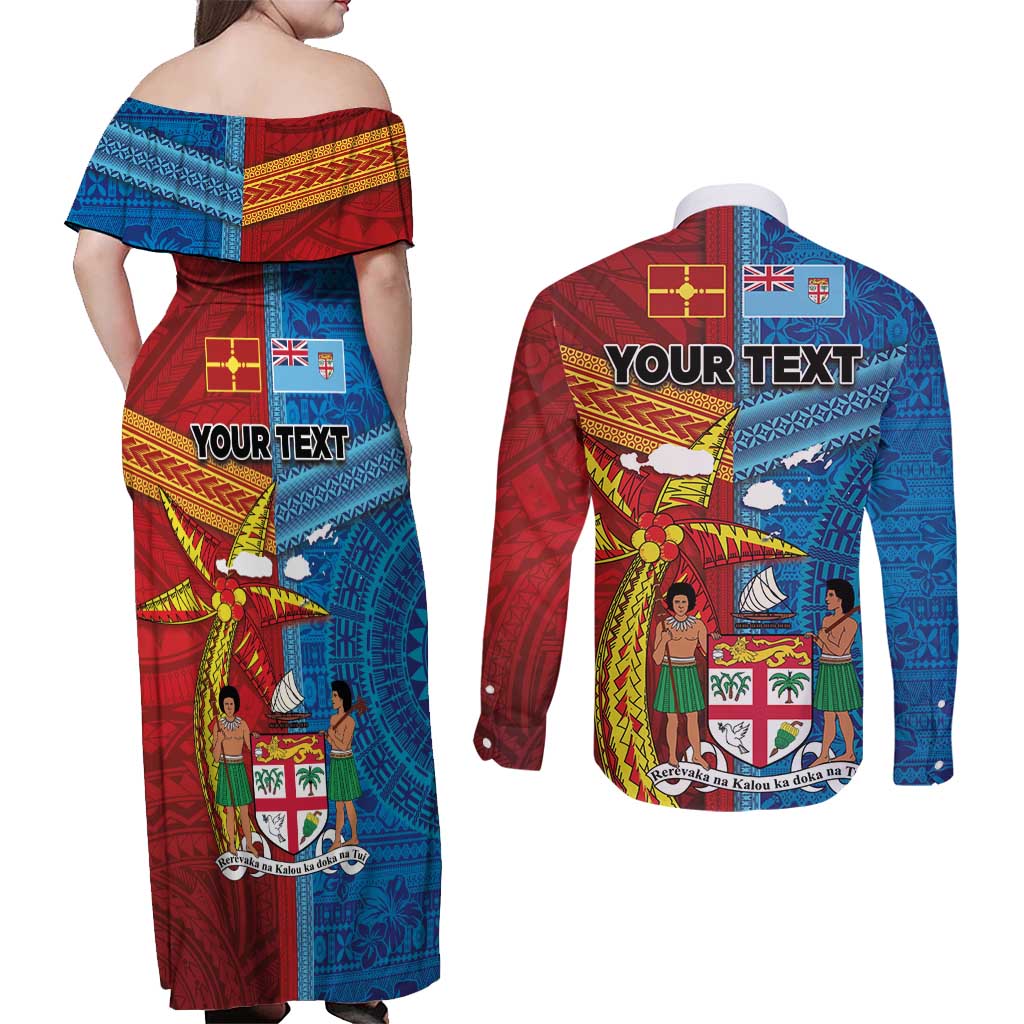 Personalised Fiji and Rotuma Together Couples Matching Off Shoulder Maxi Dress and Long Sleeve Button Shirt Tapa and Pacific Art Pattern with Cultural Emblems Half Style