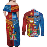 Personalised Fiji and Rotuma Together Couples Matching Off Shoulder Maxi Dress and Long Sleeve Button Shirt Tapa and Pacific Art Pattern with Cultural Emblems Half Style