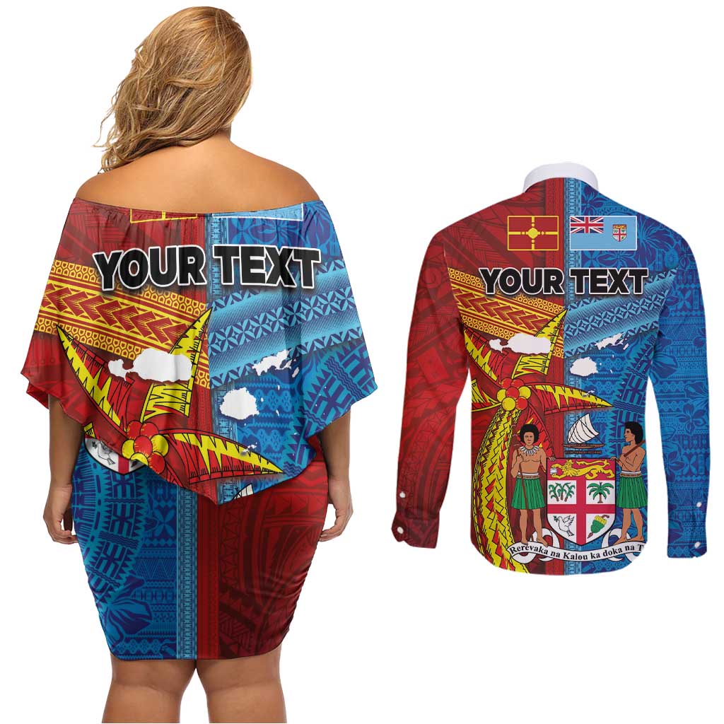 Personalised Fiji and Rotuma Together Couples Matching Off Shoulder Short Dress and Long Sleeve Button Shirt Tapa and Pacific Art Pattern with Cultural Emblems Half Style