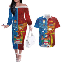 Personalised Fiji and Rotuma Together Couples Matching Off The Shoulder Long Sleeve Dress and Hawaiian Shirt Tapa and Pacific Art Pattern with Cultural Emblems Half Style LT03 Red - Polynesian Pride