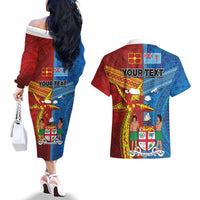 Personalised Fiji and Rotuma Together Couples Matching Off The Shoulder Long Sleeve Dress and Hawaiian Shirt Tapa and Pacific Art Pattern with Cultural Emblems Half Style LT03 - Polynesian Pride