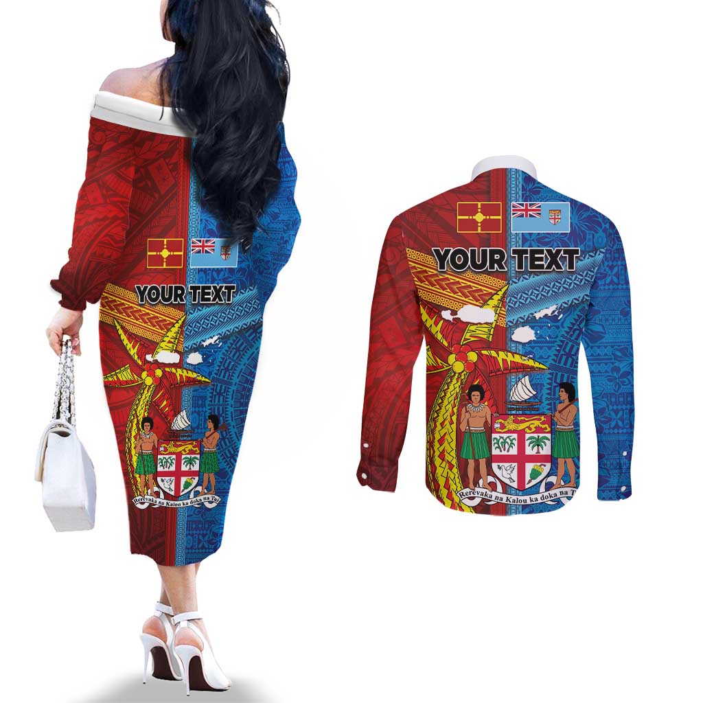 Personalised Fiji and Rotuma Together Couples Matching Off The Shoulder Long Sleeve Dress and Long Sleeve Button Shirt Tapa and Pacific Art Pattern with Cultural Emblems Half Style