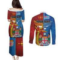 Personalised Fiji and Rotuma Together Couples Matching Puletasi and Long Sleeve Button Shirt Tapa and Pacific Art Pattern with Cultural Emblems Half Style