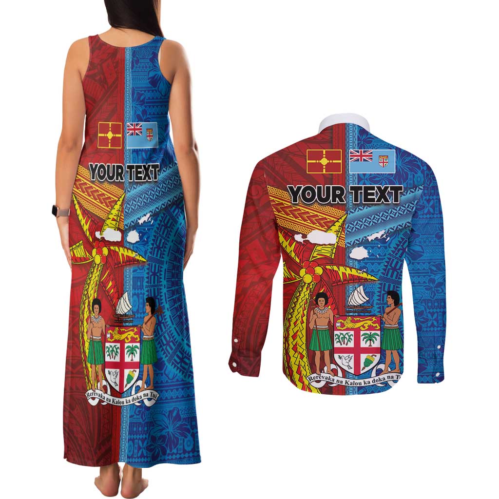 Personalised Fiji and Rotuma Together Couples Matching Tank Maxi Dress and Long Sleeve Button Shirt Tapa and Pacific Art Pattern with Cultural Emblems Half Style