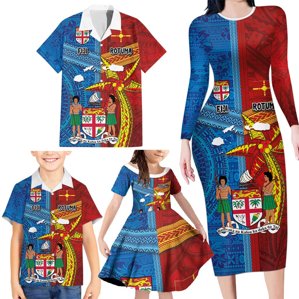 Personalised Fiji and Rotuma Together Family Matching Long Sleeve Bodycon Dress and Hawaiian Shirt Tapa and Pacific Art Pattern with Cultural Emblems Half Style LT03 - Polynesian Pride