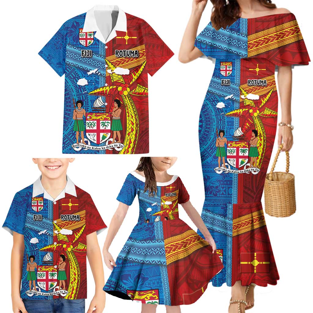 Personalised Fiji and Rotuma Together Family Matching Mermaid Dress and Hawaiian Shirt Tapa and Pacific Art Pattern with Cultural Emblems Half Style LT03 - Polynesian Pride