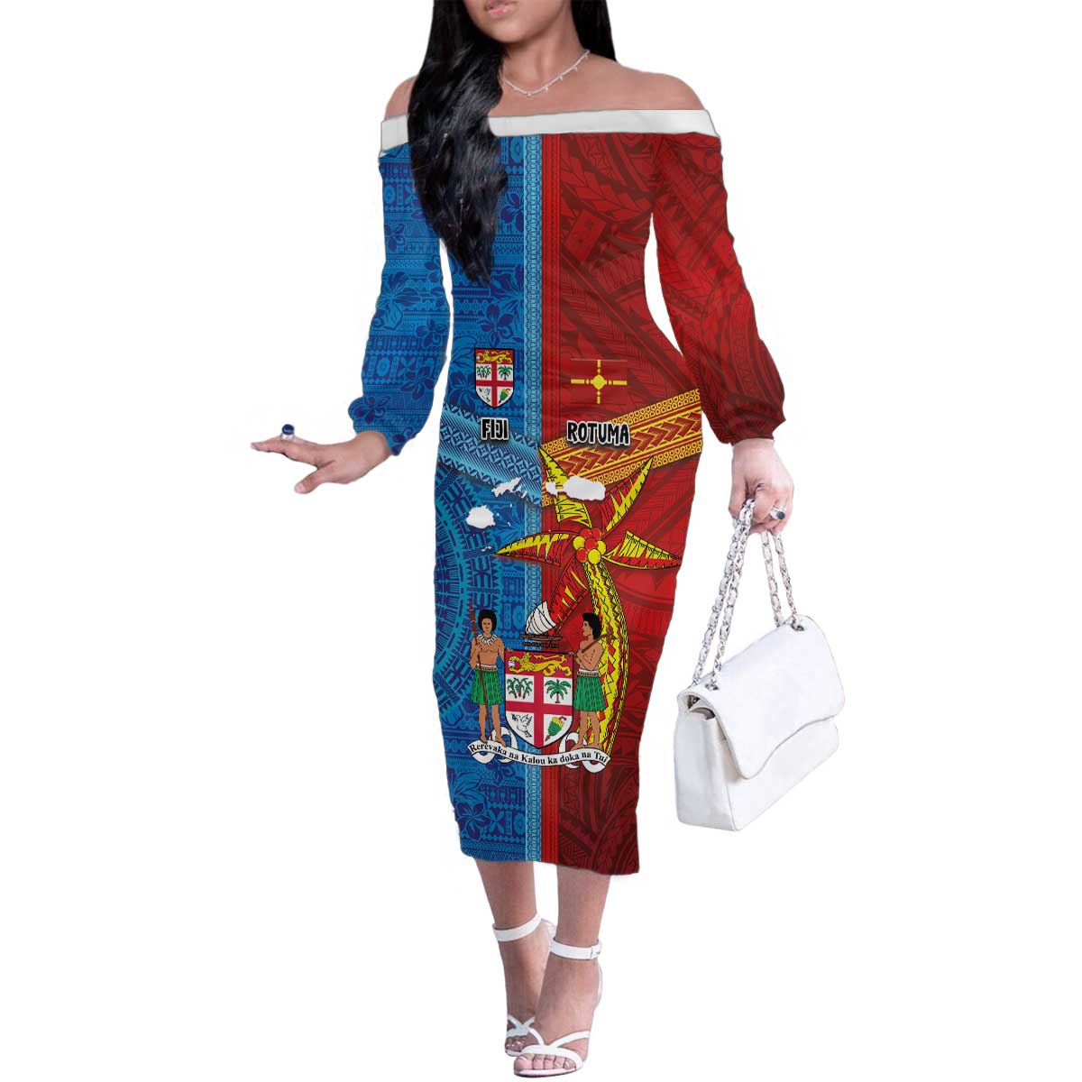 Personalised Fiji and Rotuma Together Family Matching Off The Shoulder Long Sleeve Dress and Hawaiian Shirt Tapa and Pacific Art Pattern with Cultural Emblems Half Style LT03 Mom's Dress Red - Polynesian Pride