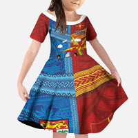 Personalised Fiji and Rotuma Together Family Matching Off Shoulder Maxi Dress and Hawaiian Shirt Tapa and Pacific Art Pattern with Cultural Emblems Half Style LT03 Daughter's Dress Red - Polynesian Pride