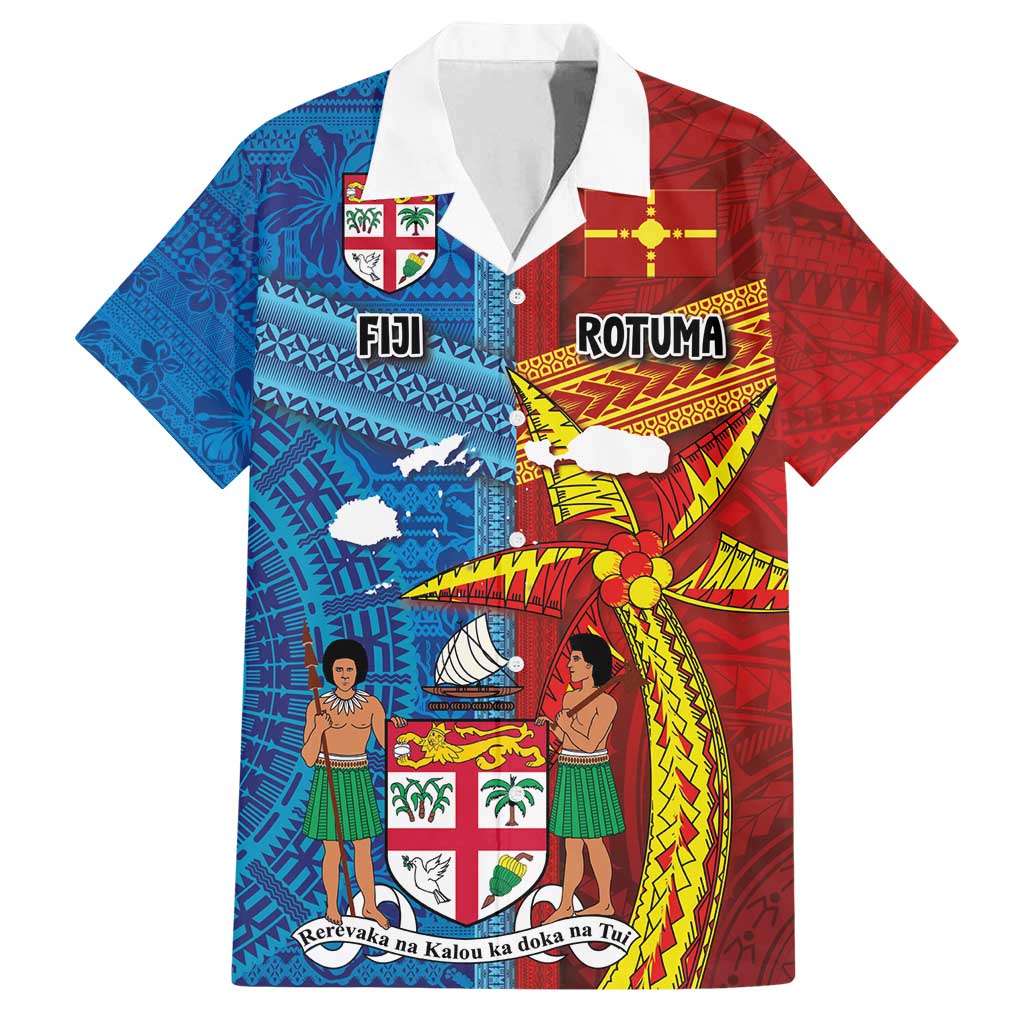 Personalised Fiji and Rotuma Together Family Matching Off Shoulder Maxi Dress and Hawaiian Shirt Tapa and Pacific Art Pattern with Cultural Emblems Half Style LT03 Dad's Shirt - Short Sleeve Red - Polynesian Pride