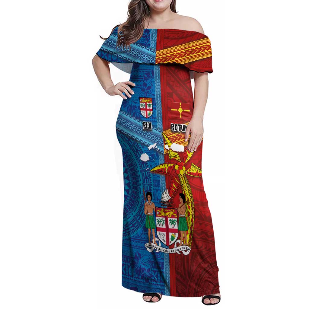 Personalised Fiji and Rotuma Together Family Matching Off Shoulder Maxi Dress and Hawaiian Shirt Tapa and Pacific Art Pattern with Cultural Emblems Half Style LT03 Mom's Dress Red - Polynesian Pride
