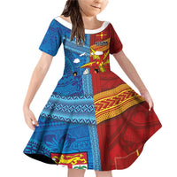 Personalised Fiji and Rotuma Together Family Matching Off Shoulder Short Dress and Hawaiian Shirt Tapa and Pacific Art Pattern with Cultural Emblems Half Style LT03 Daughter's Dress Red - Polynesian Pride