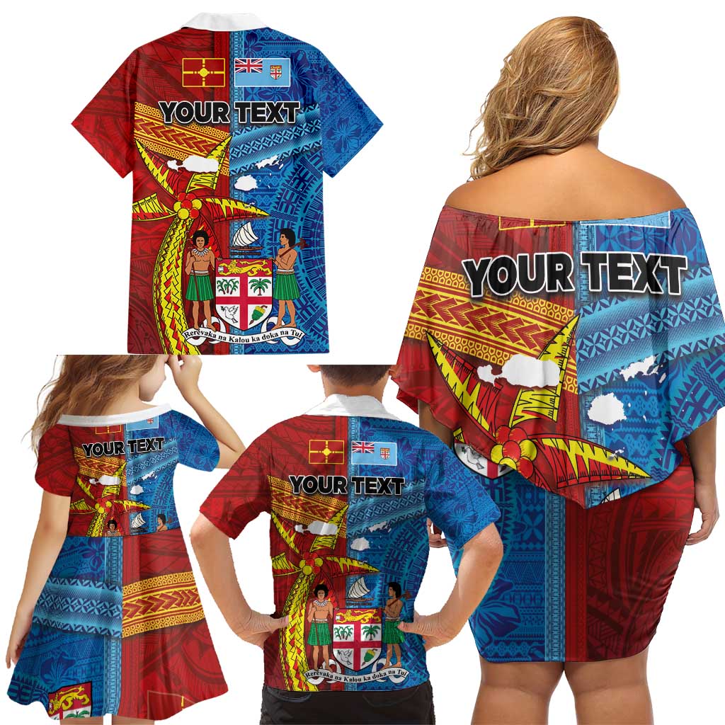 Personalised Fiji and Rotuma Together Family Matching Off Shoulder Short Dress and Hawaiian Shirt Tapa and Pacific Art Pattern with Cultural Emblems Half Style LT03 - Polynesian Pride