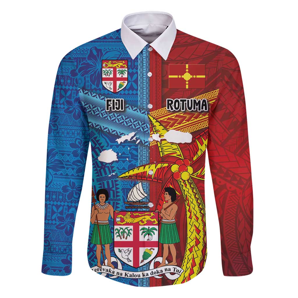Personalised Fiji and Rotuma Together Family Matching Off Shoulder Short Dress and Hawaiian Shirt Tapa and Pacific Art Pattern with Cultural Emblems Half Style LT03 Dad's Shirt - Long Sleeve Red - Polynesian Pride