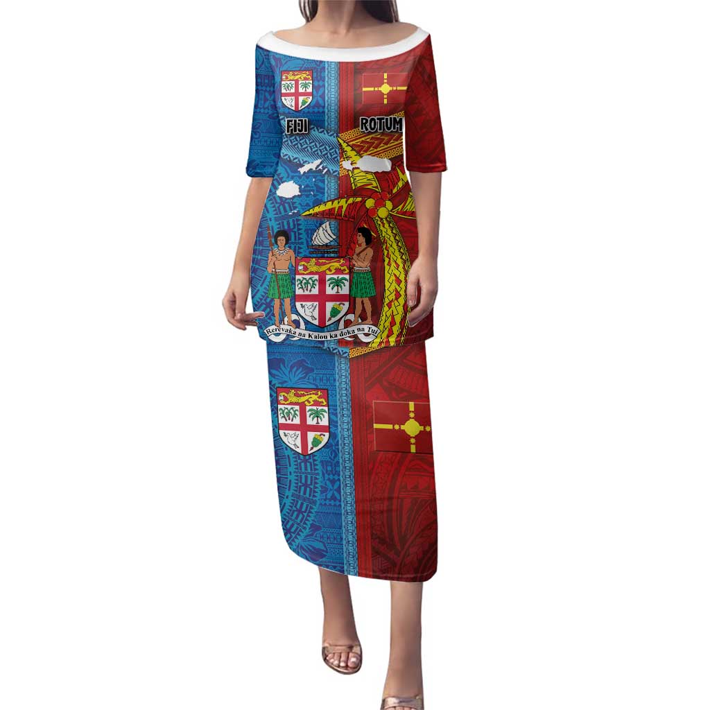 Personalised Fiji and Rotuma Together Family Matching Puletasi and Hawaiian Shirt Tapa and Pacific Art Pattern with Cultural Emblems Half Style