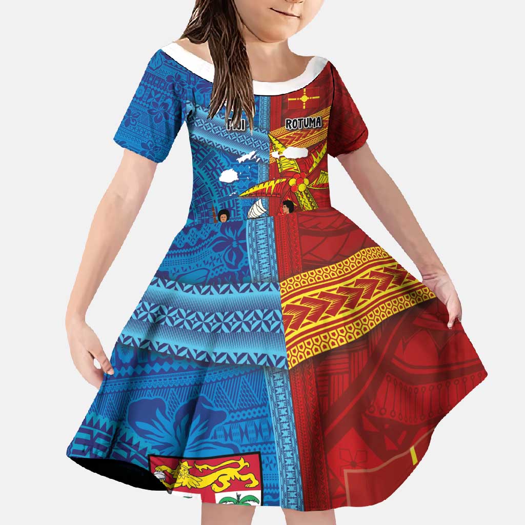 Personalised Fiji and Rotuma Together Family Matching Short Sleeve Bodycon Dress and Hawaiian Shirt Tapa and Pacific Art Pattern with Cultural Emblems Half Style LT03 Daughter's Dress Red - Polynesian Pride