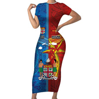 Personalised Fiji and Rotuma Together Family Matching Short Sleeve Bodycon Dress and Hawaiian Shirt Tapa and Pacific Art Pattern with Cultural Emblems Half Style LT03 Mom's Dress Red - Polynesian Pride