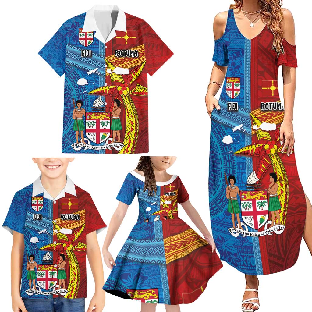 Personalised Fiji and Rotuma Together Family Matching Summer Maxi Dress and Hawaiian Shirt Tapa and Pacific Art Pattern with Cultural Emblems Half Style LT03 - Polynesian Pride